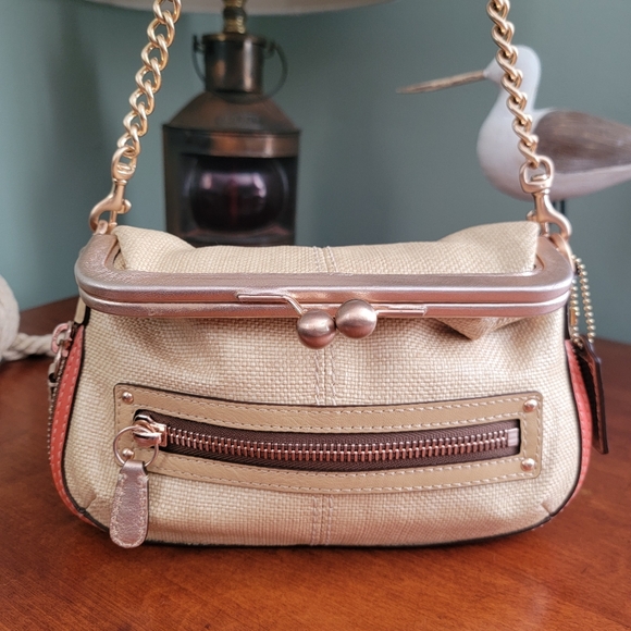Coach 13396 Bonnie Straw Foldover Orange Metallic Leather Kisslock Bag Y2K
